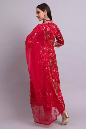 mahroon rayon floral printed & embroidery work anarkali kurta with trousers & dupatta set
