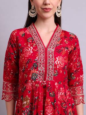 mahroon rayon floral printed & embroidery work anarkali kurta with trousers & dupatta set 4