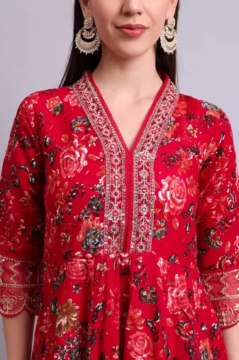 mahroon rayon floral printed & embroidery work anarkali kurta with trousers & dupatta set