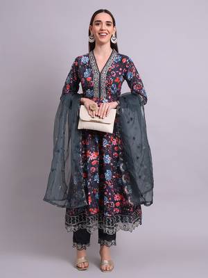 black rayon floral printed & embroidery work anarkali kurta with trousers & dupatta set 1
