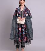 black rayon floral printed & embroidery work anarkali kurta with trousers & dupatta set