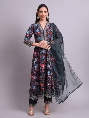 black rayon floral printed & embroidery work anarkali kurta with trousers & dupatta set 2