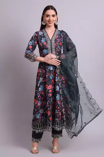 black rayon floral printed & embroidery work anarkali kurta with trousers & dupatta set