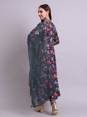 black rayon floral printed & embroidery work anarkali kurta with trousers & dupatta set 3