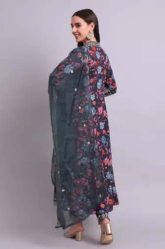 black rayon floral printed & embroidery work anarkali kurta with trousers & dupatta set