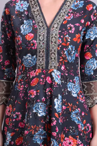 black rayon floral printed & embroidery work anarkali kurta with trousers & dupatta set