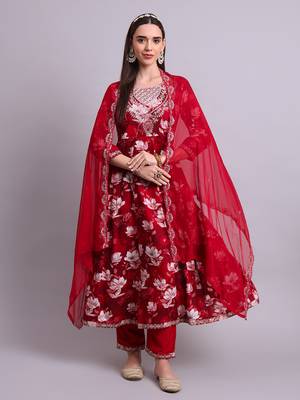 mahroon rayon floral printed & embroidery work anarkali kurta with trousers & dupatta set 1