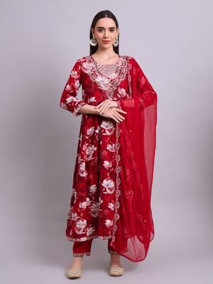mahroon rayon floral printed & embroidery work anarkali kurta with trousers & dupatta set 2