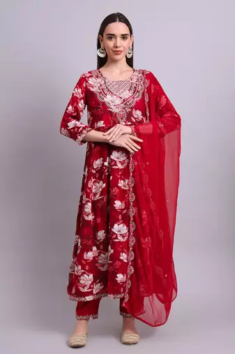 mahroon rayon floral printed & embroidery work anarkali kurta with trousers & dupatta set