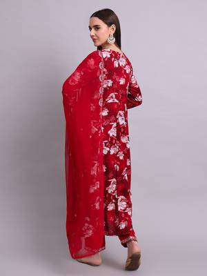 mahroon rayon floral printed & embroidery work anarkali kurta with trousers & dupatta set 3