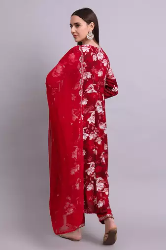 mahroon rayon floral printed & embroidery work anarkali kurta with trousers & dupatta set