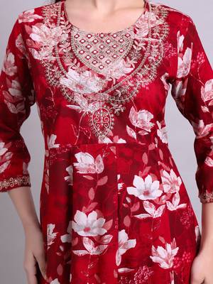 mahroon rayon floral printed & embroidery work anarkali kurta with trousers & dupatta set 4