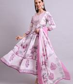 pink cotton floral printed & embroidery work anarkali kurta with trousers & dupatta set