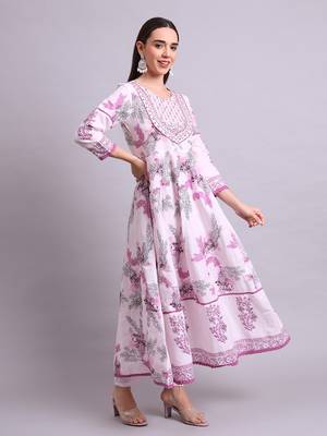 pink cotton floral printed & embroidery work anarkali kurta with trousers & dupatta set 2
