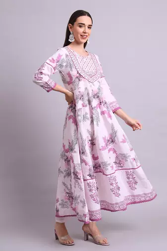 pink cotton floral printed & embroidery work anarkali kurta with trousers & dupatta set