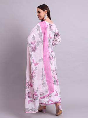 pink cotton floral printed & embroidery work anarkali kurta with trousers & dupatta set 3