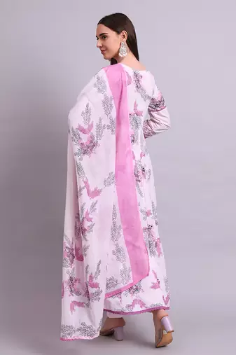 pink cotton floral printed & embroidery work anarkali kurta with trousers & dupatta set