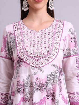 pink cotton floral printed & embroidery work anarkali kurta with trousers & dupatta set 4