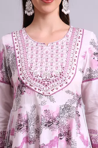pink cotton floral printed & embroidery work anarkali kurta with trousers & dupatta set