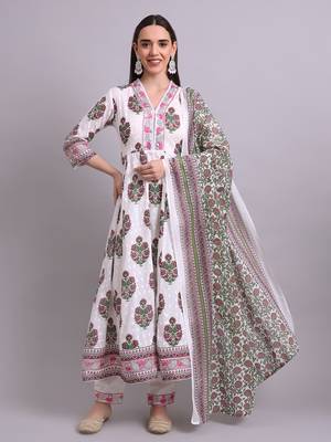 off white cotton buta printed & embroidery work anarkali kurta with trousers & dupatta set 1
