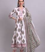 off white cotton buta printed & embroidery work anarkali kurta with trousers & dupatta set