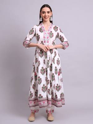 off white cotton buta printed & embroidery work anarkali kurta with trousers & dupatta set 2