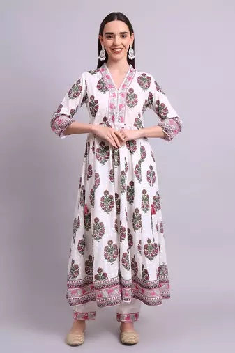 off white cotton buta printed & embroidery work anarkali kurta with trousers & dupatta set