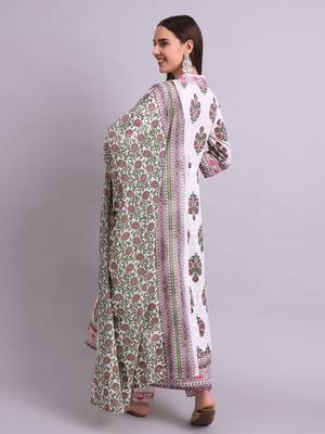 off white cotton buta printed & embroidery work anarkali kurta with trousers & dupatta set 3
