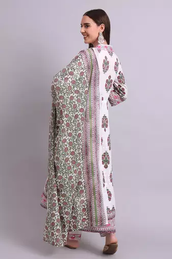 off white cotton buta printed & embroidery work anarkali kurta with trousers & dupatta set