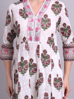 off white cotton buta printed & embroidery work anarkali kurta with trousers & dupatta set 4