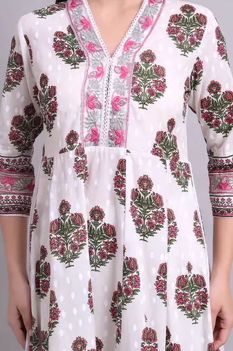 off white cotton buta printed & embroidery work anarkali kurta with trousers & dupatta set