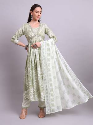 green rayon floral printed & embroidery work anarkali kurta with trousers & dupatta set 1