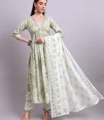 green rayon floral printed & embroidery work anarkali kurta with trousers & dupatta set