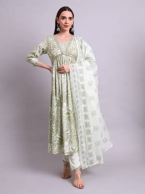 green rayon floral printed & embroidery work anarkali kurta with trousers & dupatta set 2