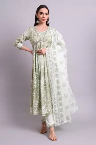 green rayon floral printed & embroidery work anarkali kurta with trousers & dupatta set