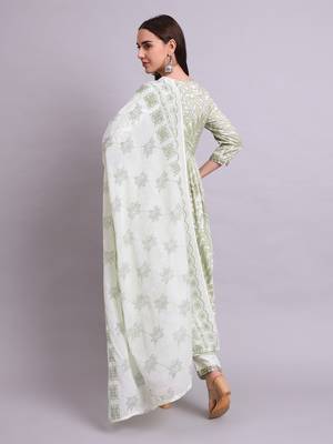green rayon floral printed & embroidery work anarkali kurta with trousers & dupatta set 3