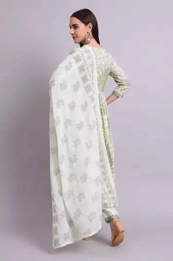 green rayon floral printed & embroidery work anarkali kurta with trousers & dupatta set