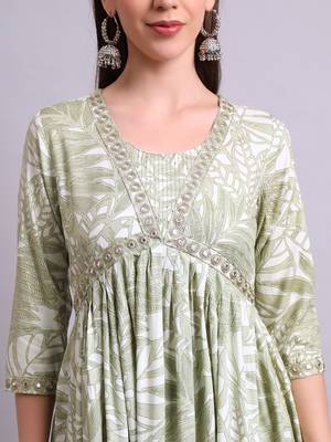 green rayon floral printed & embroidery work anarkali kurta with trousers & dupatta set 4