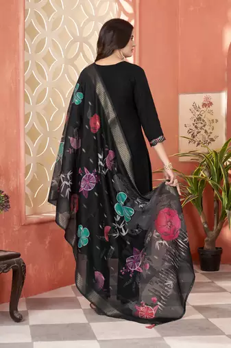 roman silk embroidery with hand work black kurta set