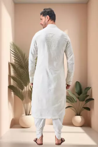 Off white linen embroidery dhoti kurta set