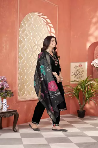 roman silk embroidery with hand work black kurta set