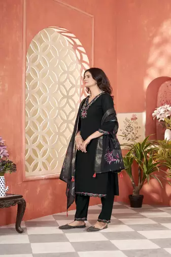 roman silk embroidery with hand work black kurta set
