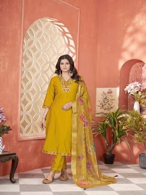 roman silk embroidery with hand work mustard kurta set 1