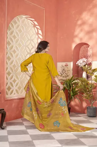 roman silk embroidery with hand work mustard kurta set