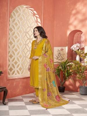 roman silk embroidery with hand work mustard kurta set 3