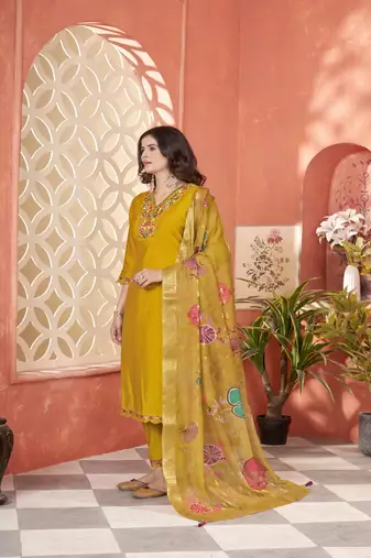 roman silk embroidery with hand work mustard kurta set