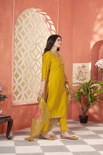 roman silk embroidery with hand work mustard kurta set