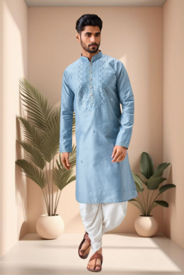 Blue art silk embroidery mirror work dhoti kurta set 1