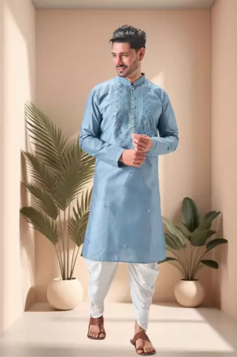 Blue art silk embroidery mirror work dhoti kurta set