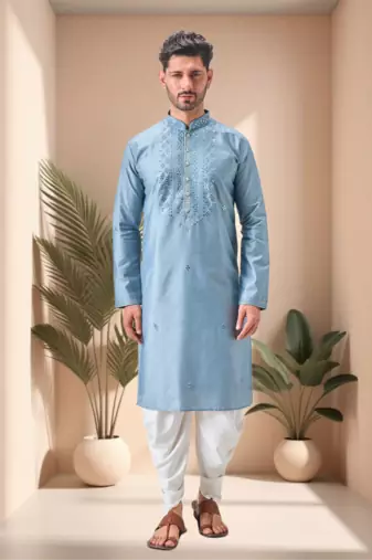 Blue art silk embroidery mirror work dhoti kurta set